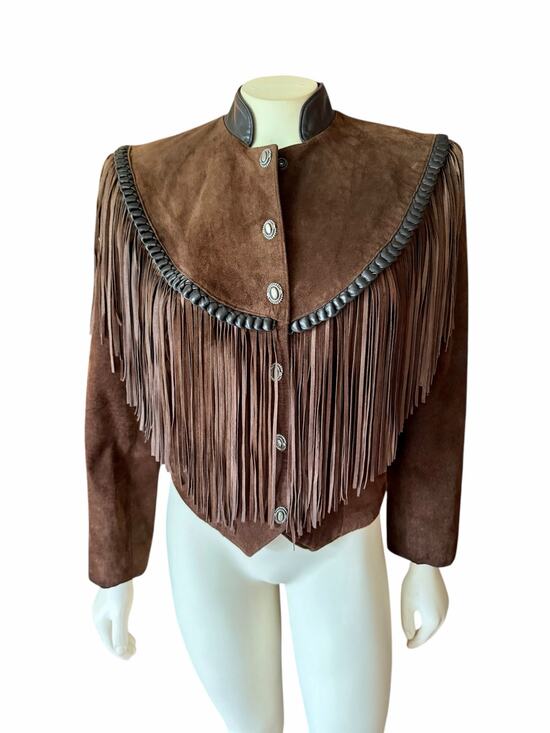 Cache Jackets & Blazers - Cache Brown Suede Leather Fringe Western Crop Jacket Concho Buttons Vintage